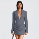 Autumn/Winter Women's Solid Color Sexy Deep V-Neck Pleated Slim Waist Chic Blazer Dress