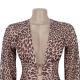 Women's Fashion Sexy Deep V Leopard Print Slit Bodycon Dress