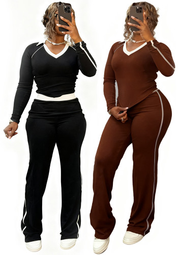 Women's Fashion Sport Casual Color Block Patchwork Turndown Collar High-Waist Two Piece Pants Set