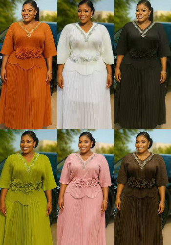 Autumn Women's Luxury Rhinestone Pleated Loose African Fashion Plus Size Wide Leg Pants Set