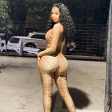 Autumn/Winter Women's High Neck Halter Neck Snake Print Crop Top with Tight Slim Pants Set