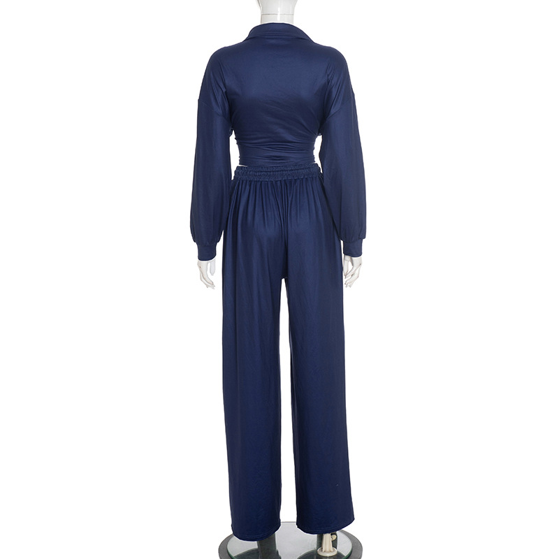 Women's Casual Sport Color Block Turndown Collar Zipper Top with Drawstring Wide-Leg Pants Set