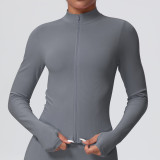 Women's Seamless Solid Color Tight-Fitting High Stretch Breathable Stand Collar Zipper Sport Running Fitness Jacket