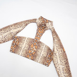 Autumn/Winter Women's High Neck Halter Neck Snake Print Crop Top with Tight Slim Pants Set
