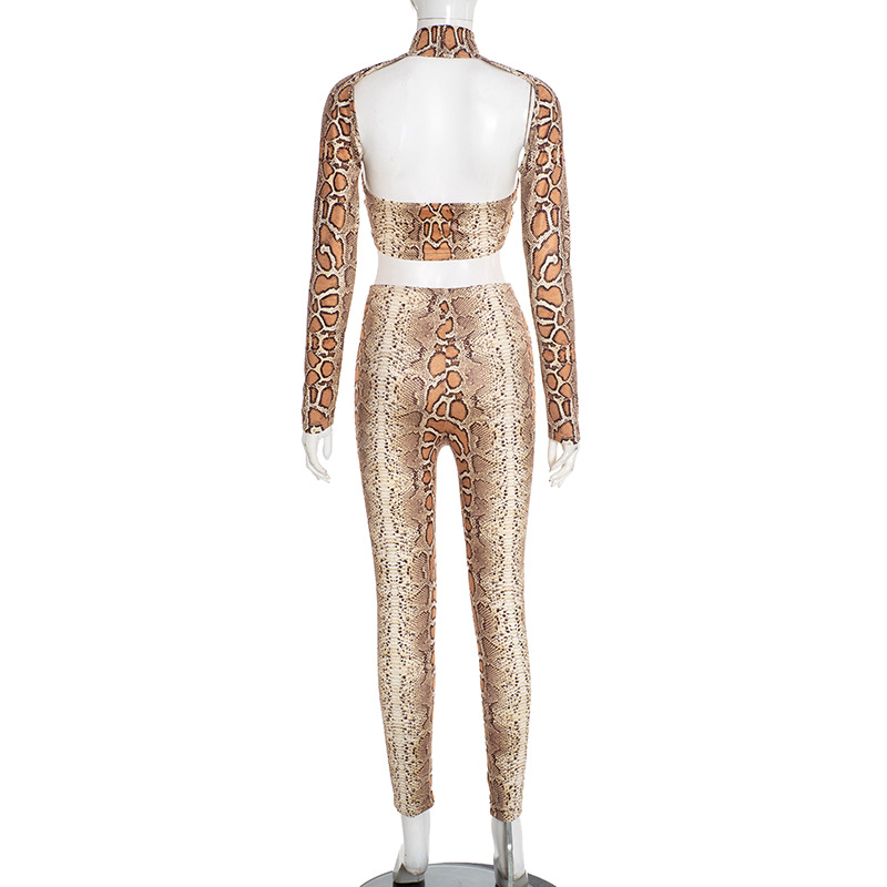 Autumn/Winter Women's High Neck Halter Neck Snake Print Crop Top with Tight Slim Pants Set