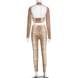 Autumn/Winter Women's High Neck Halter Neck Snake Print Crop Top with Tight Slim Pants Set