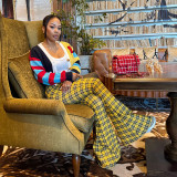 Women's Fashion Plaid Print Tight-Fitting Flared Bell-Bottom Pants