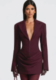 Autumn/Winter Women's Solid Color Sexy Deep V-Neck Pleated Slim Waist Chic Blazer Dress