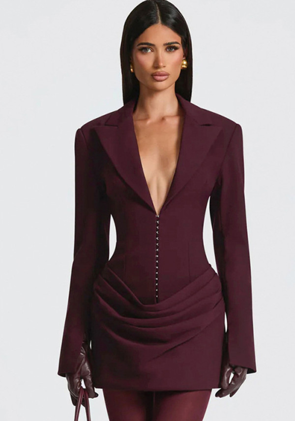 Autumn/Winter Women's Solid Color Sexy Deep V-Neck Pleated Slim Waist Chic Blazer Dress