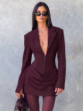 Autumn/Winter Women's Solid Color Sexy Deep V-Neck Pleated Slim Waist Chic Blazer Dress