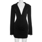 Autumn/Winter Women's Solid Color Sexy Deep V-Neck Pleated Slim Waist Chic Blazer Dress