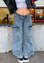 Women's Multi-Pocket High Street Washed Distressed Loose Wide Leg Cargo Denim Pants