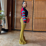 Women's Fashion Plaid Print Tight-Fitting Flared Bell-Bottom Pants