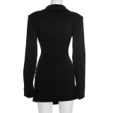 Autumn/Winter Women's Solid Color Sexy Deep V-Neck Pleated Slim Waist Chic Blazer Dress
