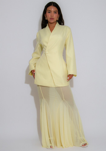 Women's Elegant Fashion Chic Career Solid Color Blazer with Mesh Skirt Two-Piece Set