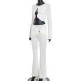 Autumn Women's Solid Color Casual Long Sleeve Crop Top and Tight-Fitting Pants Set