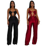 Women's Fashion Solid Color Sexy Bustier Low Back Lace-Up Jumpsuit