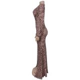 Women's Fashion Sexy Deep V Leopard Print Slit Bodycon Dress