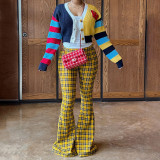 Women's Fashion Plaid Print Tight-Fitting Flared Bell-Bottom Pants