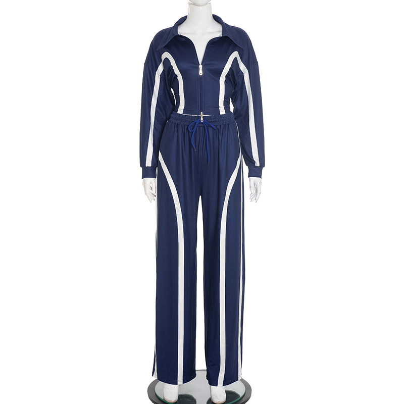 Women's Casual Sport Color Block Turndown Collar Zipper Top with Drawstring Wide-Leg Pants Set