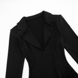 Autumn/Winter Women's Solid Color Sexy Deep V-Neck Pleated Slim Waist Chic Blazer Dress