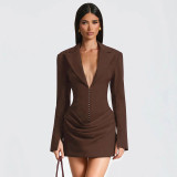 Autumn/Winter Women's Solid Color Sexy Deep V-Neck Pleated Slim Waist Chic Blazer Dress