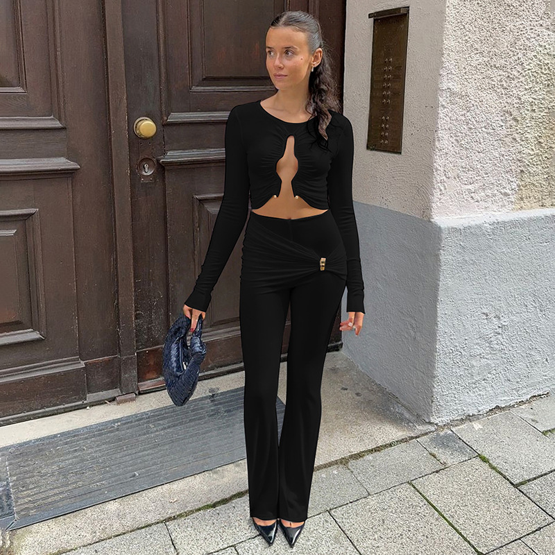 Autumn Women's Solid Color Casual Long Sleeve Crop Top and Tight-Fitting Pants Set
