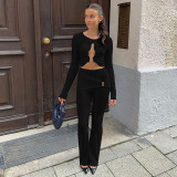 Autumn Women's Solid Color Casual Long Sleeve Crop Top and Tight-Fitting Pants Set