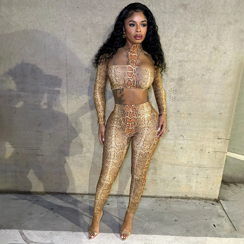 Autumn/Winter Women's High Neck Halter Neck Snake Print Crop Top with Tight Slim Pants Set