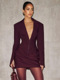 Autumn/Winter Women's Solid Color Sexy Deep V-Neck Pleated Slim Waist Chic Blazer Dress