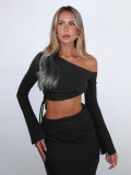 Autumn/Winter Women's Chic Solid Color Slash Shoulder One-Shoulder Crop Long Sleeve Top with Bodycon Skirt Set