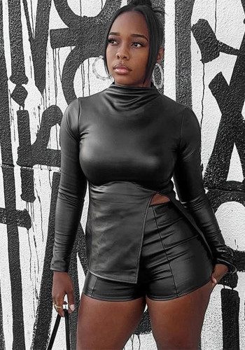 Women's ZSlit Top with Tight-Fitting High-Waist Leather Shorts Set