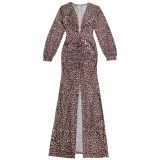 Women's Fashion Sexy Deep V Leopard Print Slit Bodycon Dress