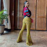 Women's Fashion Plaid Print Tight-Fitting Flared Bell-Bottom Pants