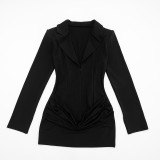 Autumn/Winter Women's Solid Color Sexy Deep V-Neck Pleated Slim Waist Chic Blazer Dress