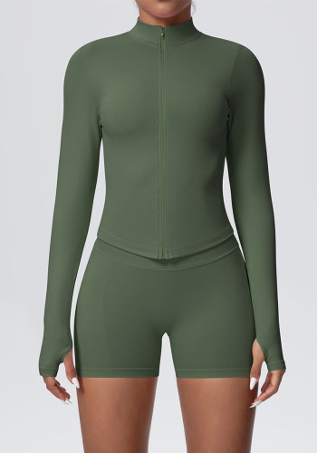 Women's Seamless Solid Color Tight-Fitting High Stretch Breathable Zipper Running Fitness Two-Piece Set