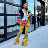 Women's Fashion Plaid Print Tight-Fitting Flared Bell-Bottom Pants