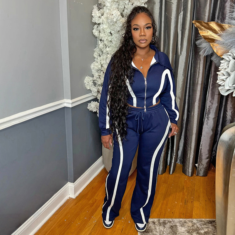 Women's Casual Sport Color Block Turndown Collar Zipper Top with Drawstring Wide-Leg Pants Set