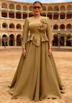 Women's African Fashion Plus Size Floral Peplum Crinkle Pleated Loose Fake Two-Piece Long Dress