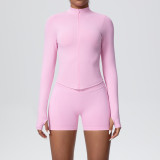 Women's Seamless Solid Color Tight-Fitting High Stretch Breathable Zipper Running Fitness Two-Piece Set