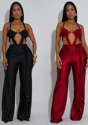 Women's Fashion Solid Color Sexy Bustier Low Back Lace-Up Jumpsuit
