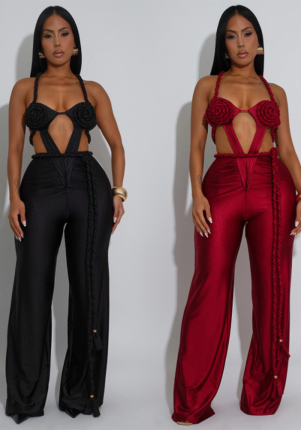 Women's Fashion Solid Color Sexy Bustier Low Back Lace-Up Jumpsuit