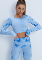 Women's Tie-Dye Seamless Long Sleeve Tight-Fitting Crop Running Yoga Breathable Quick-Dry Pants Set