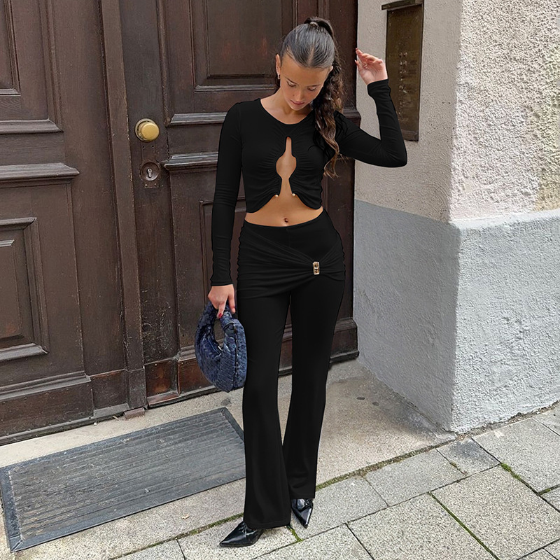 Autumn Women's Solid Color Casual Long Sleeve Crop Top and Tight-Fitting Pants Set