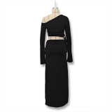 Autumn/Winter Women's Chic Solid Color Slash Shoulder One-Shoulder Crop Long Sleeve Top with Bodycon Skirt Set