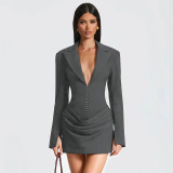 Autumn/Winter Women's Solid Color Sexy Deep V-Neck Pleated Slim Waist Chic Blazer Dress