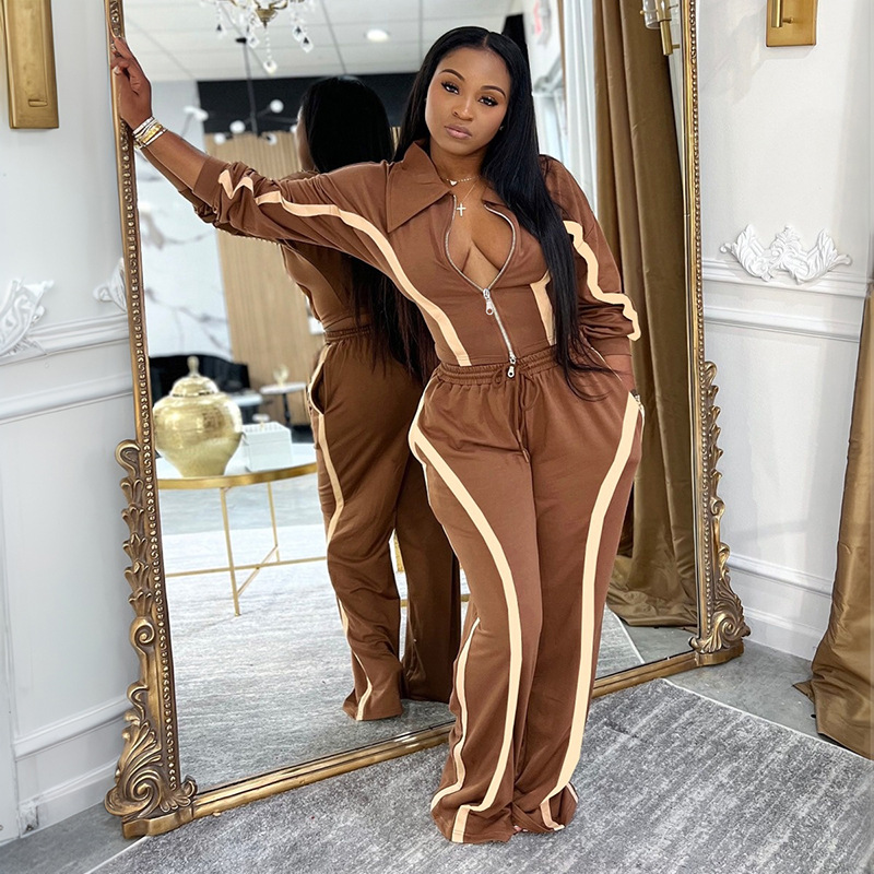 Women's Casual Sport Color Block Turndown Collar Zipper Top with Drawstring Wide-Leg Pants Set