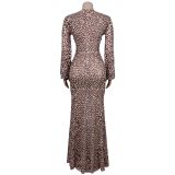 Women's Fashion Sexy Deep V Leopard Print Slit Bodycon Dress