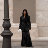 Women's Elegant Fashion Chic Career Solid Color Blazer with Mesh Skirt Two-Piece Set