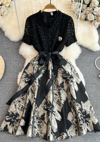 Summer Women's Short Sleeve V-Neck Lace Patchwork Slim Waist A-Line Jacquard Formal Dress